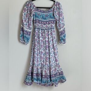 Alicia Bell Millie Midi Silk Dress Floral Smocking Long Sleeve Size XS Sundress
